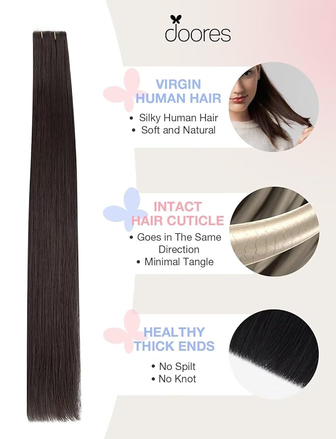 DOORES Injected Human Hair Extensions Tape in Invisi Edge, Dark Brown 10pcs Injection Tape-ins 25g 18 Inch, Invisible Injected Tape in Extensions Natural Virgin Hair Thick Ends
