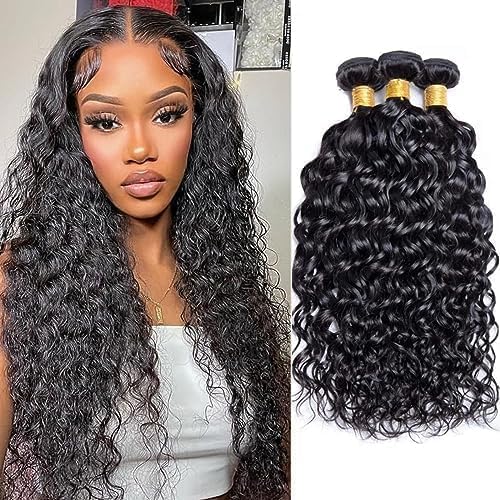 SHWAlR Water Wave Bundles 10A Water Wave Human HairBundles Wet and Wavy Hair 3 Bundles WaterCurly Hair BundlesDouble Strong Weft Hair Extensions Natural Black Color for BlackWomen(18 18 18 inch)