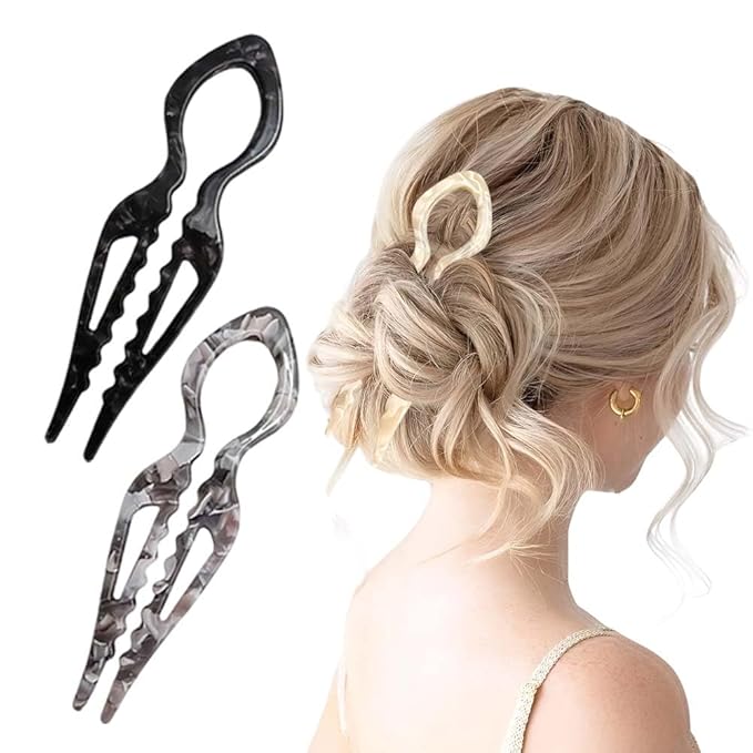 French Hair Pins for Women, Hair Pins for Majority Hair, Elegant Hair Clips for Women for Updos, Chignons French Twists, Double notch Locking Mechanism Anti-loosening Hairpins (2PCS Black+Grey)