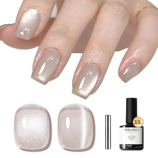 modelones Silk Cat Eye Gel Nail Polish Nude Silver Moonlight Glitter Holographic Glass Cat Eye Summer Jelly Shimmer Reflective Translucent U v Gel Magnetic Nail Polish 15 ML