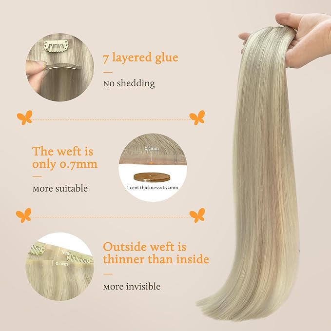 DOORES Hair Extensions Human Hair, Ash Blonde Highlighted Platinum Blonde 80g 7pcs 12 Inch, Thick Seamless Clip in Extensions Straight Hair Invisi Edge Weft