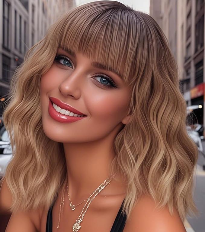 WAVE&BREEZE Short Blonde Wigs with Bangs 14Inch Ombre Blonde Highlights Curly Bob Wig for Women Shoulder Length Natural Looking Hair Replacement Wig for Daily Party Use Cosplay Costume Halloween Wig