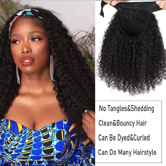 Headband Wig Deep Wave Human Hair Machine Made Curly Headband Wig Glueless None Lace Front Wigs for Black Women Deep Curly Half Wigs 180% Density 22inch