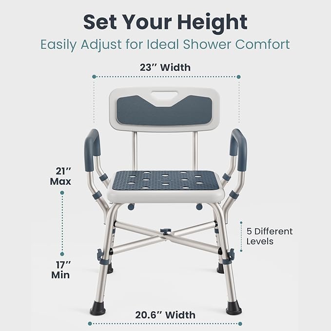 Shower Chair (450lb) with Padded Armrests and Back, Showers Chair for Elderly and Disabled, Adjustable Height Shower Seat, Heavy Duty Shower Chairs for Inside Shower, Handicap - Grey