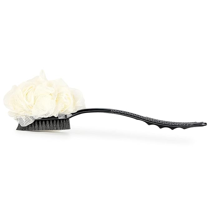 Shower Body Brush with Bristles and Loofah,Back Scrubber Bath Mesh Sponge with Curved Long Handle for Skin Exfoliating Bath, Massage Bristles Suitable for Wet or Dry, Men and Women (Black)