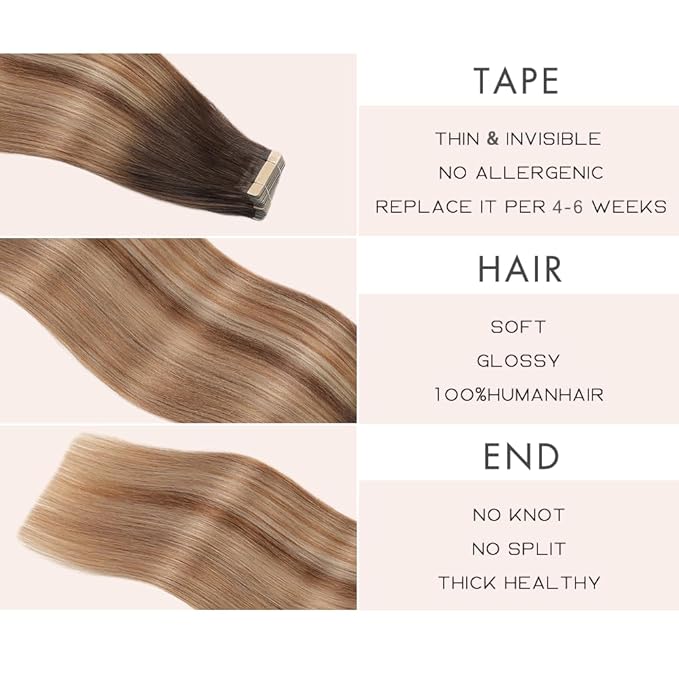 Tape in Hair Extensions Real Human Hair 24 Inch Chestnut Brown to Light Brown Mixed Light Blonde Skin Weft Hair Extension Invisible Tape in Hair Extensions Straight 20pcs (2/6/18K#,24 Inch)