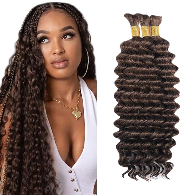 Braiding Hair Deep Wave Bulk Human Hair 28 28 28 Inch Chocolate Brown Deep Wave Bulk 3 Bundles No Weft Brazilian Wet and Wavy Bundles