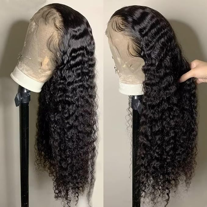 13x6 Deep Wave Lace Front Wigs Human Hair 180 Density Pre Plucked HD Transparent Deep Curly Lace Frontal Human Hair Wig 34 Inch Natural Black Glueless Wigs with Baby Hair for Women