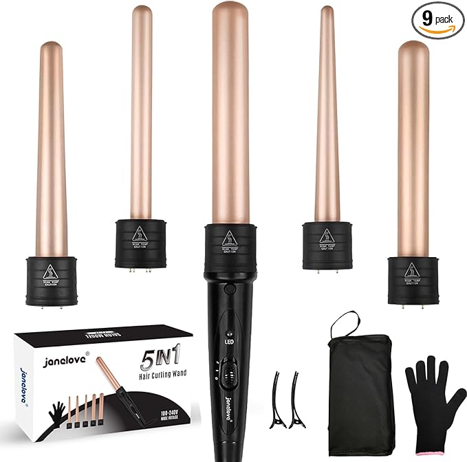 janelove 5 in 1 Wand Curling Iron Set, Ceramic Hair Curling Iron(0.35”-1.25”), Hair Curler for All Hairstyle, with Adjustable Temperature Dual Voltage, Instant Heat up, with Glove & 2 Clips(Gold)