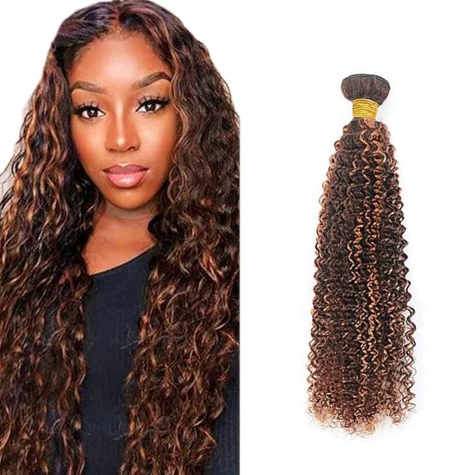 Freiuoke Brown Bundles 4/30 Kinky Curly Bundles Human Hair Unprocessed Virgin Hair 1 Bundle 18 Inch Two Tone Brown Mixed Light Brown Bundle