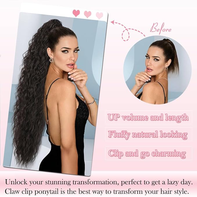 ENBEAUTIFUL 30" Claw Clip Ponytail Extension Long Wavy Ponytail Extension Synthetic Pony Tails Hair Extensions Clip in Hair pieces Fluffy Natural Looking for Women Black Brown