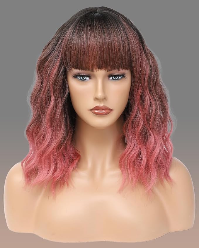 WAVE&BREEZE Short Ombre Pink Wigs with Bangs 14Inch Wavy Curly Bob Hair Wig for Women Shoulder Length Natural Looking Hair Replacement Wig for Daily Party Cosplay Costume Halloween