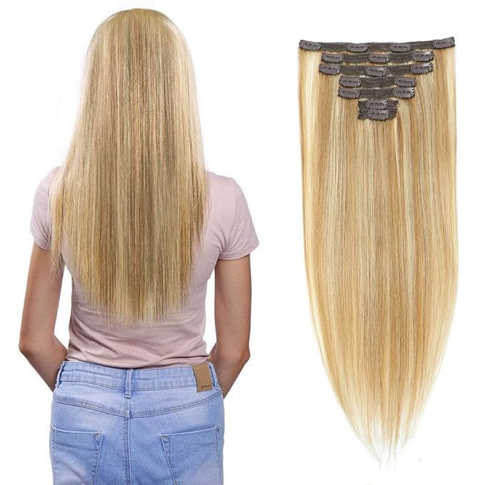 Clip in Hair Extensions Real Human Hair Dirty Blonde to Bleach Blonde 16 inch 7pcs 70g/Pack, Human Hair Clip in Extensions, Salon-Grade Quality, Easy Comfort Wear for Women (#P18/613, 16 inch)
