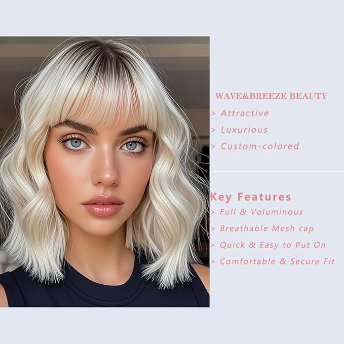 WAVE&BREEZE Blonde Wig with Bangs Short Wavy Bob Wigs for Women Natural Looking Ombre Blonde Hair Replacement Wigs Shoulder Length Daily Party Cosplay Costume Halloween Hair
