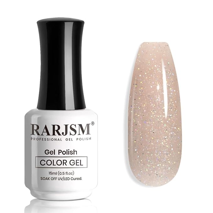 RARJSM Nude Glitter Gel Nail Polish Cashmere Brown Iridescent Shimmery Jelly Gel Polish Neutral Color Skin Tone 15ml Sparkle Rainbow Pigment Gel Soak off UV LED Cured for Home Salon DIY Nail Art