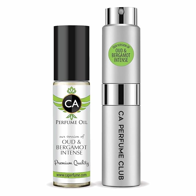 CA Perfume Duo Impression of Oud & Bergamot Intense For Women And Men Perfume Layering Set Long Lasting Travel Size EDP + Body Oil Roll-On Bottle 0.27 Fl Oz+0.33 Fl Oz
