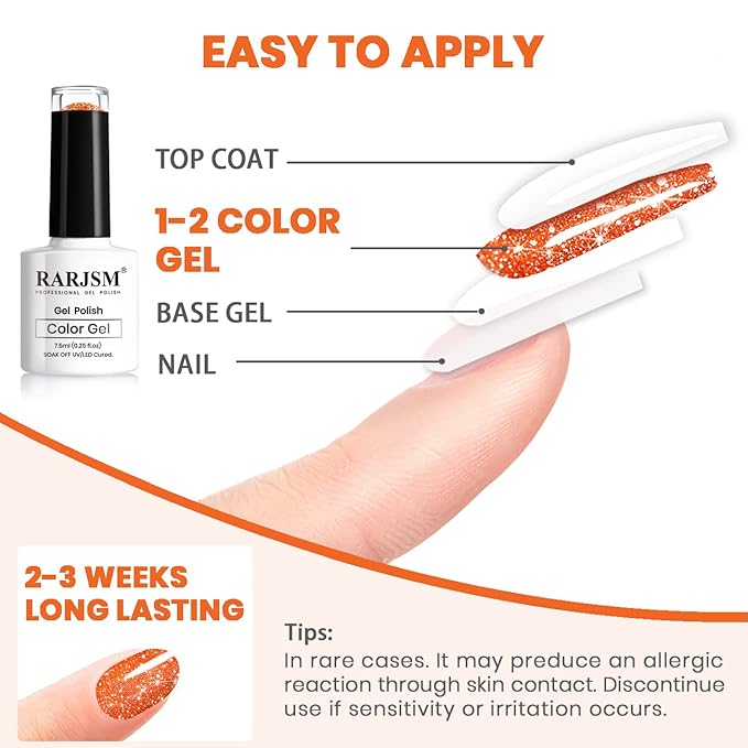 RARJSM Orange Gel Nail Polish, 1Pcs 7.5ml Orange Color Reflective Gel Polish Soak Off Gel Polish Neons Spring Summer Color Diamond Shimmer Gel Nail Art Manicure Salon DIY at Home