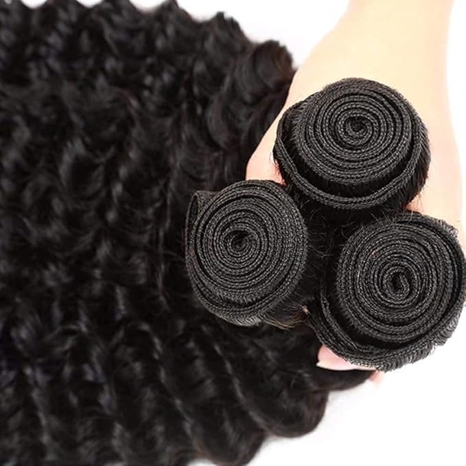 Deep Wave Bundles Human Hair Black Natural Color Bundle Brazilian Unprocessed Virgin Hair 150g/3 Bundles 12 14 16 Inch Deep Wave Human Hair Weave