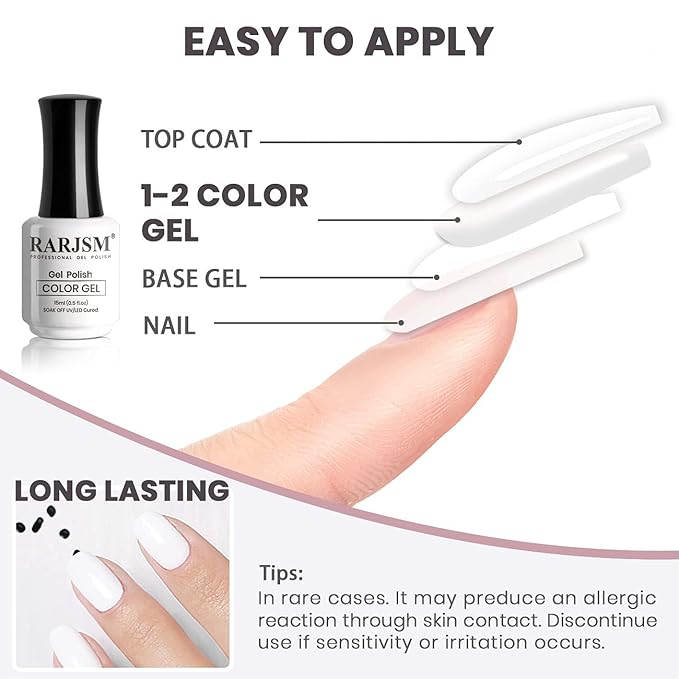 RARJSM Pure White Gel Nail Polish 15ml Soak Off UV LED Nail Gel Polish Nail Art French Manicure Solid White Salon DIY at Home Curing Required 1 Piece Single Bottle 0.5 Fl.oz