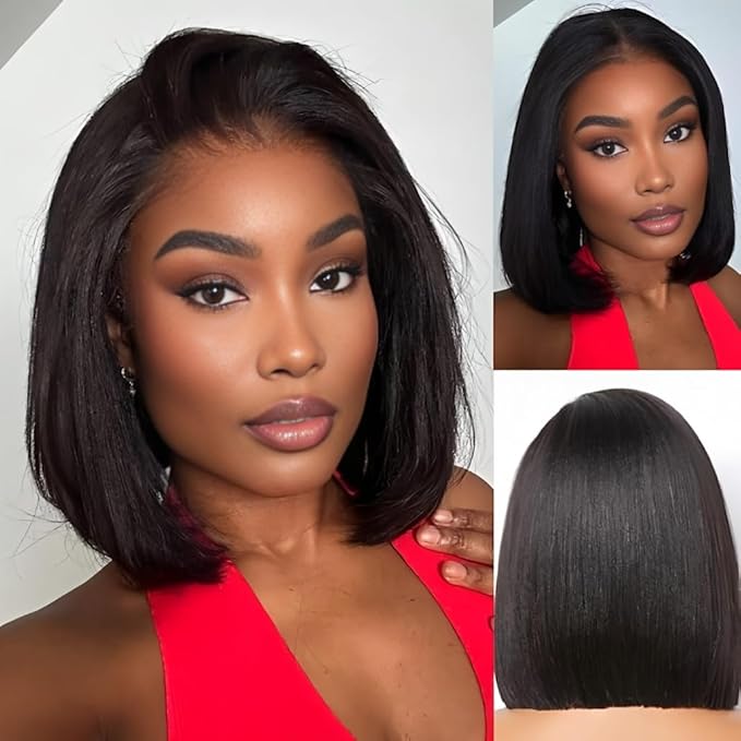 ISEE Hair M Cap 9x6 Bob Wig Human Hair Glueless Wigs Pre Plucked Pre Cut HD Lace Front Glueless Wigs Human Hair 180% Density Short Straight Bob Wigs for Black Women (Yaki Straight, 10 Inch)