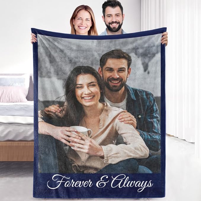 Custom Sherpa Fleece Blanket with Photos, Text, Soft, Warm, Fuzzy Personalized Couples Gifts for Boyfriend, Girlfriend