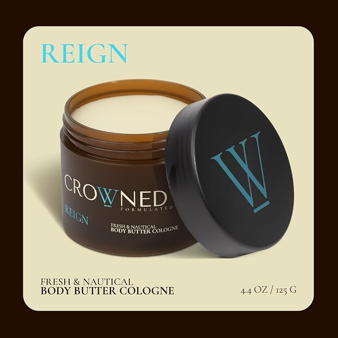 Crowned Skin Reign Body Butter Cologne for Men | Fresh & Nautical | New Moisturizing Formula Scented with Pink Pepper & Bergamot | Infused with Natural Shea & Mango Butters | All-Day Fragrance | 4.4oz