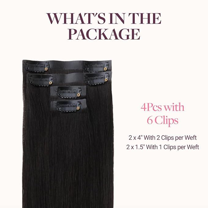 GOO GOO Invisi Edge Clip in Hair Extensions, 20inch 60g 4Pcs, Injected Seamless PU Clip in Hair Extensions, Virgin Real Human Hair, #1B Natural Black