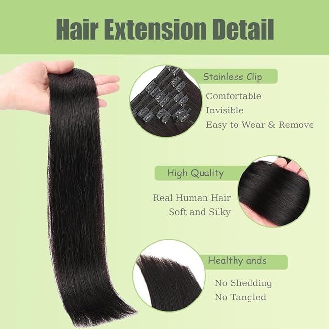 28 Inch 1B Clip in Hair Extensions - Real Remy Human Hair, 120g 7pcs, Naturel Black Human Hair Extensions Clip ins for Women