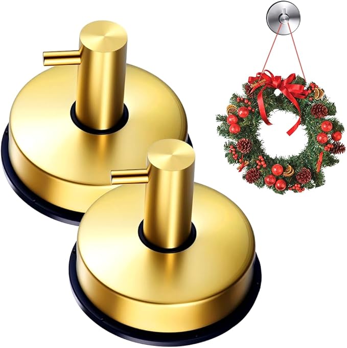 Suction Cup Hooks for Shower, 2025 New No Drill Suction Cup Hooks for Wreaths on Glass, Gold Silver Black Garland Hanger for Door Frame Wreaths Bathroom Window Mirrors (2, Gold)