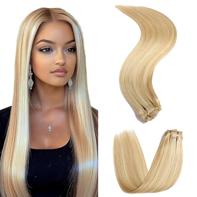 14 Inch P27/613 Blonde Clip in Hair Extensions - Real Remy Human Hair, 120g 7pcs, Highlight Blonde Human Hair Extensions Clip ins for Women