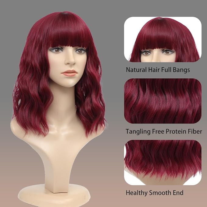 WAVE&BREEZE Red Wigs for Women Wavy Bob Wig with Bangs Short Curly Synthetic Hair Wigs Natural Looking Daily Hair Replacement Wigs for Cosplay Costume Party Use
