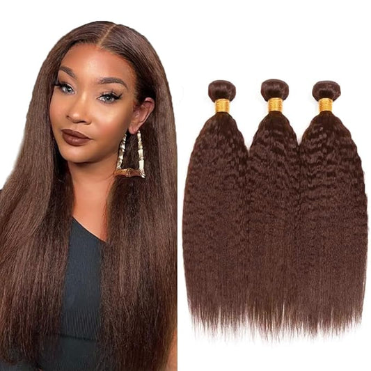 #4 Bundle Dark Brown Kinky Straight Human Hair 3 Bundles 28 28 28 inch Double Weft Chocolate Brown Hair Extensions