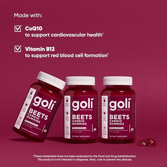 Goli Beets Cardio Gummies with CoQ10 and Vitamin B12 - Beetroot Extract - Cardiovascular Wellness - Vegan, Non-GMO, Gluten-Free - 180 Count (3 Pack)