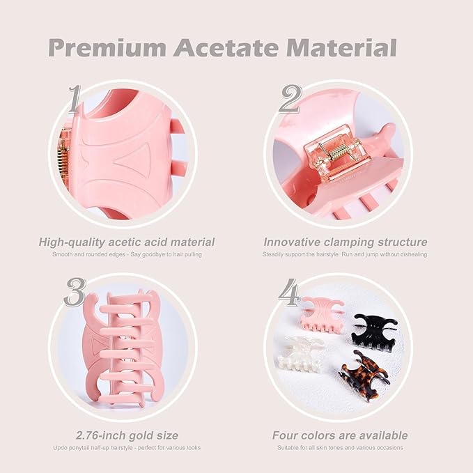 4 Pack Premium durable acetate butterfly hair clips, Medium Size Acetate Hair Claw Clips with Secure Hold,Perfect for Updos (2.76 x 1.66 in)