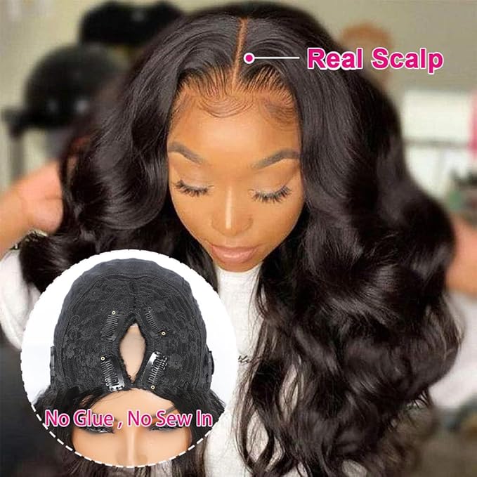 Ombre V Part Wig Human Hair Body Wave Brown Wig Upgrade U Part Human Hair Wig with Clips Glueless Wigs Human Hair Clip in Half Wigs No Leave Out Highlight Wig Human Hair 180% Density 20 inch