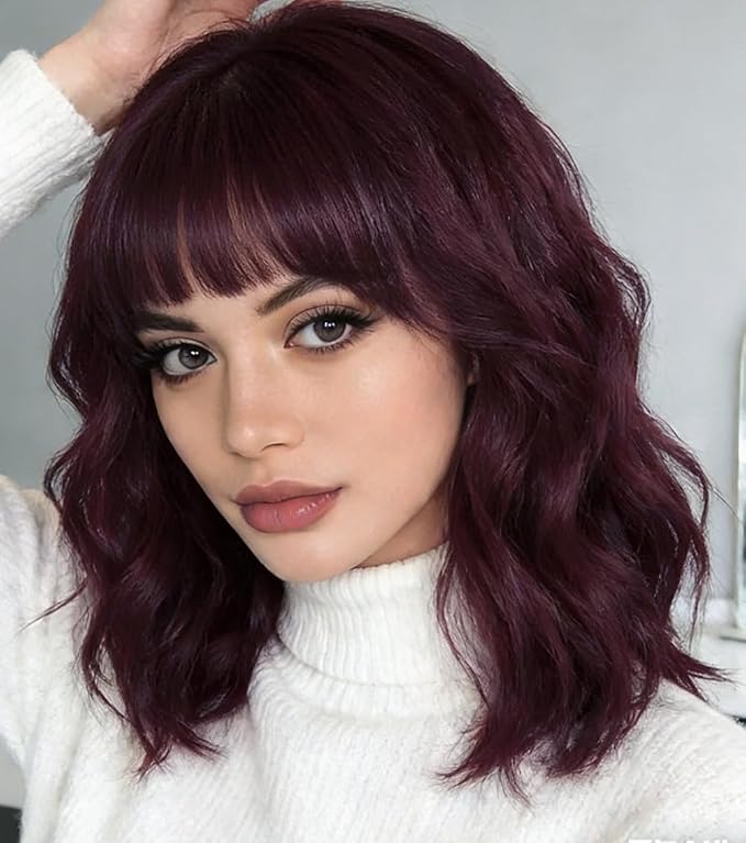 WAVE&BREEZE Dark Red Wig with Bangs Short Curly Bob Wigs for Women 14 Inch Shoulder Length Natural Looking Hair Replacement Wigs for Cosplay Party Use