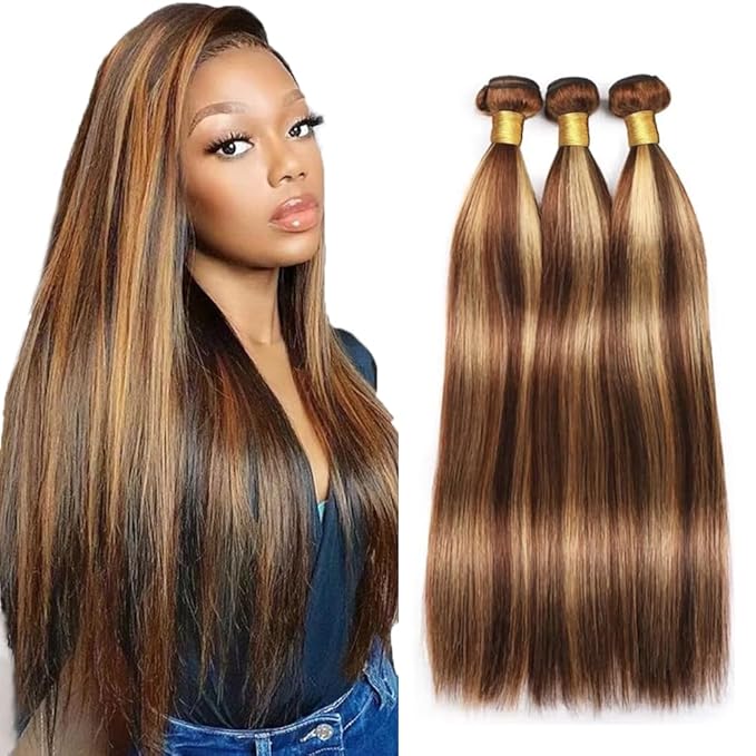 16 18 20 Inch Blonde Bundles Human Hair P27/33 Honey Blonde Straight 3 Bundle Unprocessed Brazilian virgin hair Weave Extensions Double Weft 50 Grams/Bundle Colored Highlight Brown Bundles