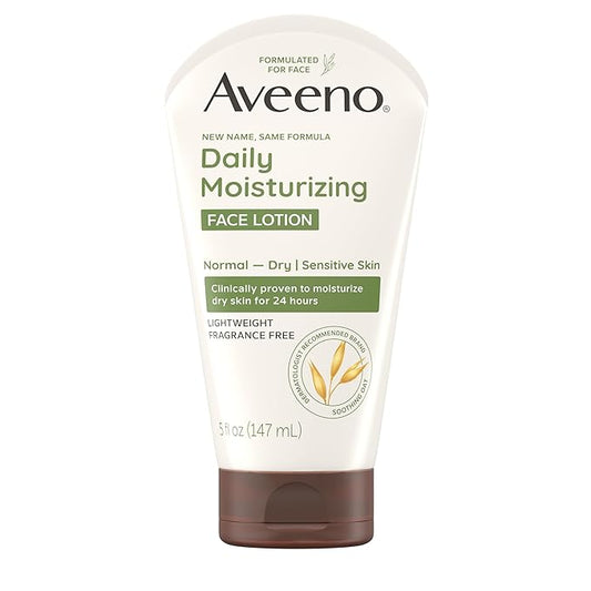 Aveeno Daily Moisturizing Face Lotion with Soothing Prebiotic Oat, Lightweight Non-Greasy Facial Moisturizer for Normal to Dry, Sensitive Skin, 24-Hour Moisture, Fragrance-Free, 5 oz