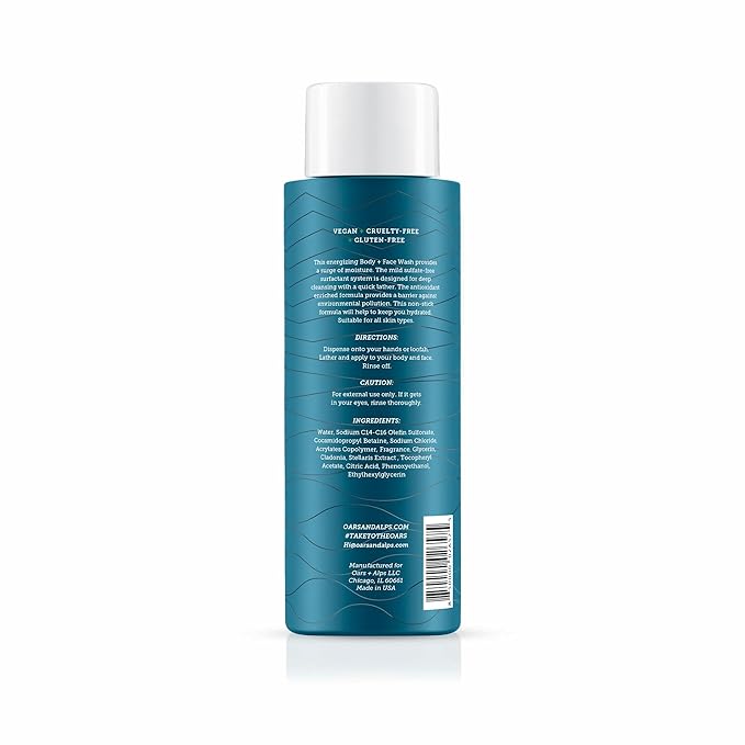 Oars + Alps Body and Face Wash for Men, Mens Body Wash & Face Cleanser with Vitamin E and Antioxidants, Moisturizing, Hydrating, Paraben & Sulfate Free Cleanser, Alpine Tea Tree, 2pk
