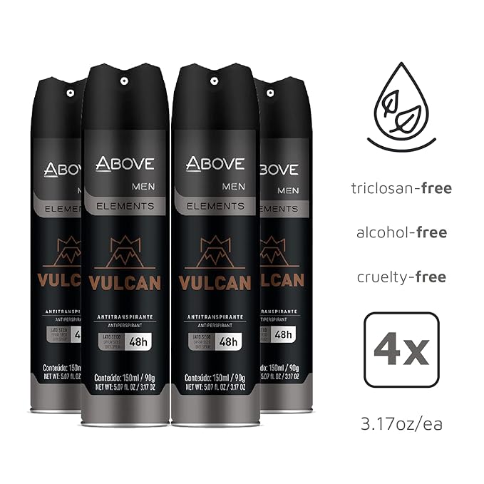 ABOVE Vulcan 48 Hours Antiperspirant Deodorant - Dry Spray for Men - Notes of Sage, Pink Pepper and Basil - Protects Against Sweat and Body Odor - Stain and Cruelty Free - 4 pc