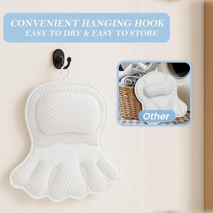 Bath Pillow for Tub | 4D Air Mesh Fabric - Plush Bathtub Pillow for Neck & Back Support, Hot Tub Pillow with 6 Non-Slip Suction Cups | Spa Pillow for Relaxation and Comfort (White).