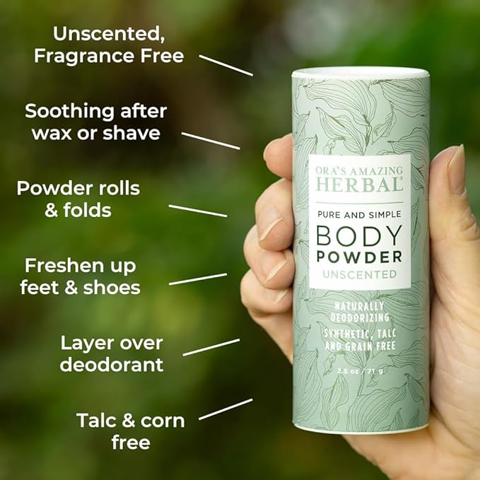 Ora's Amazing Herbal Fragrance Free Body Powder for Women and Men, Unscented Talc and Cornstarch Free Talcum Powder, Waxing, Natural Sugaring, Foot, Dry Shampoo, Made in USA, 2.5 oz
