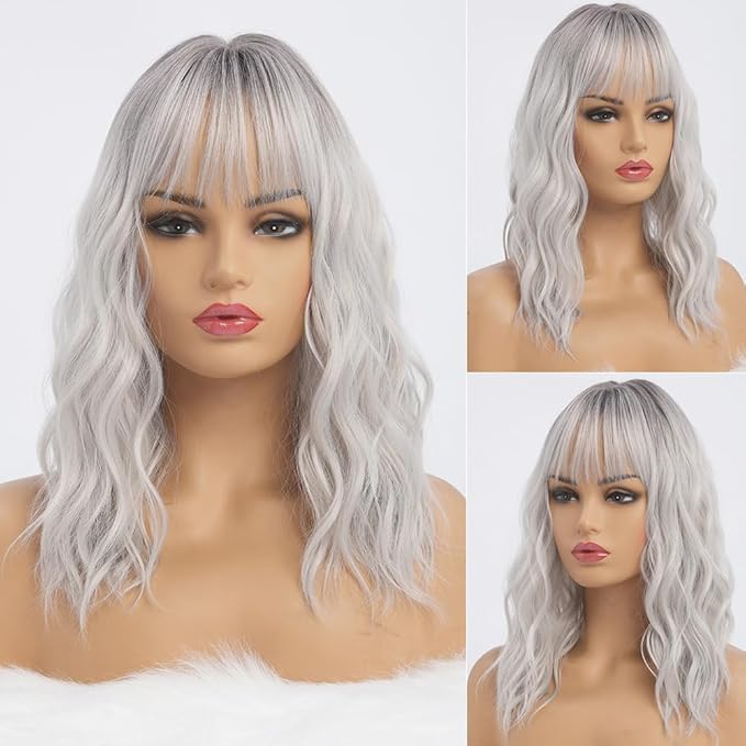Silver Wigs for Women Ombre Grey Wavy Wig with Bangs Dark Roots Synthetic Hair Wig Medium Middle Length Bob Wig Water Wave Gray Colorful Wigs for Daily Party Cosplay Use (16 inch)