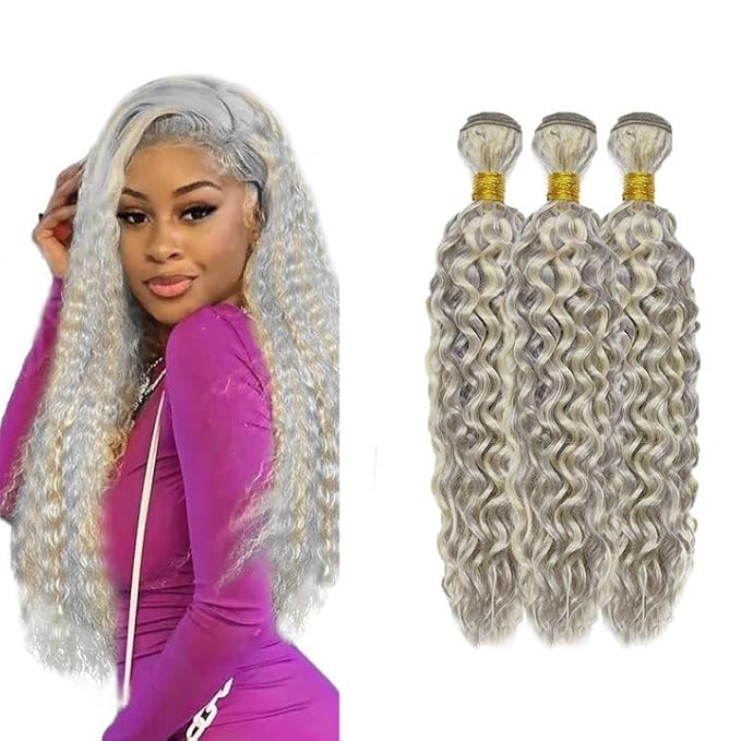 22 24 26 Inch Blonde Bundles Human Hair P613/grey Water Wave 3 Bundle Unprocessed Brazilian virgin hair Weave Extensions Double Weft 50 Grams/Bundle Colored Highlight Grey Bundles for Woman