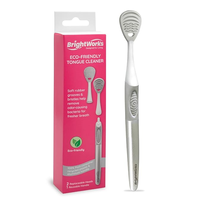 Brightworks ECO Tongue Cleaner – 100% PCR with Aluminum Handle - Dual-Sided Soft Rubber Grooves & Bristle Design - 2 Replaceable Heads + 1 Reusable Handle for Fresher Breath