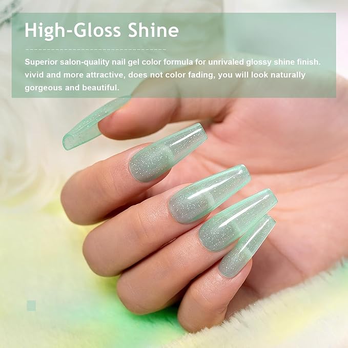 RARJSM Rainbow Glitter Gel Nail Polish Clear Pastel Green Chunky Sparkle Shimmer Jelly Iridescent Transparent Light Green Gel Polish Single Bottle Soak off UV LED Cured for Home Salon Manicure 15ML