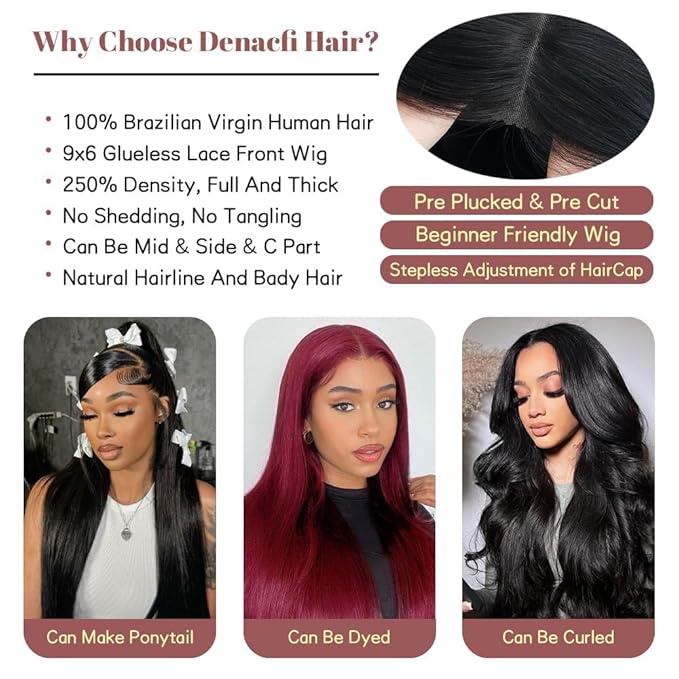 Glueless Wigs Human Hair Pre Plucked Pre Cut 9x6 Straight Lace Front Wigs 250 Density Invisi Drawstring Wigs 12A Brazilian Virgin Human Hair Wig Ready to Wear Wig 24 Inch