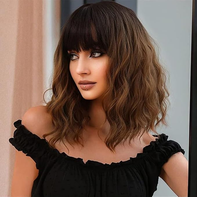 WAVE&BREEZE Bob Wig with Bangs Short Wavy Wigs for Women Medium Length Black To Brown Daily Hair Natural Looking Heat Resistant Synthetic Fibre Cosplay Party Halloween Costume Wig