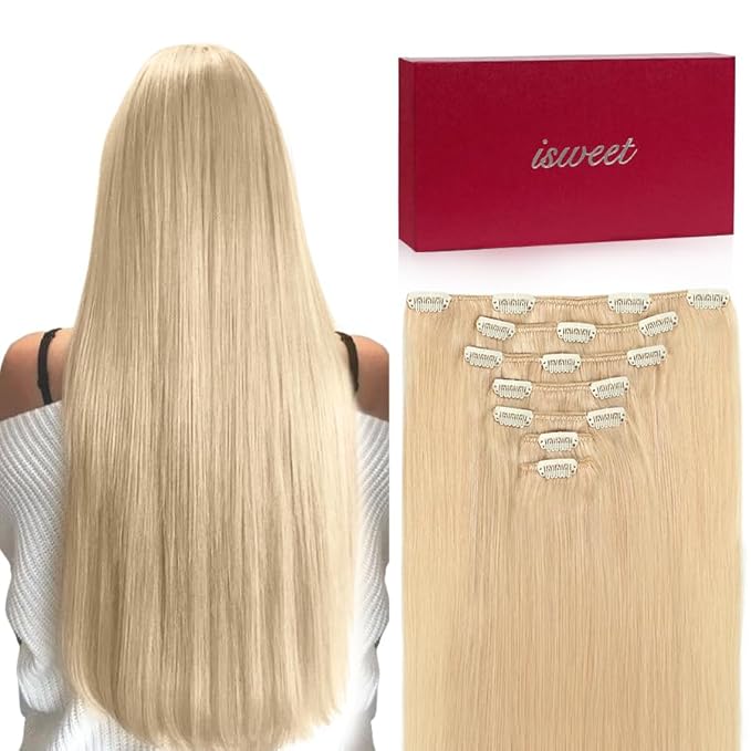 Straight Clip in Hair Extensions Real Human Hair, 7Pcs 12 Inch 80g #613 Bleach Blonde Invisible Soft Remy Human Hair Extension Clip ins, Double Weft Hair Extensions Real Human Hair for Women