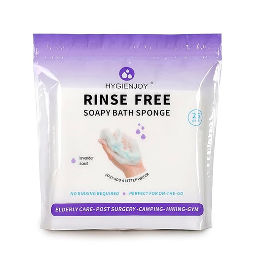 HYGIENJOY-21% Larger Rinse Free Bath Sponges for Adults-Disposable No Rinse Bathing Wipes-Soap Infused,Dry Shower Wipes for Elderly,Camping,Post Surgery Must Haves,(Lavender 25 Counts）